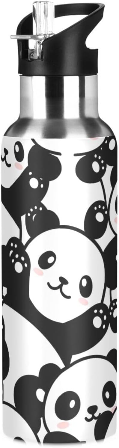 Panda Water Bottle Kids Panda Bottle with Straw Lid Leakproof Cute Animal Print Insulated Stainless Steel Water Flask Bottle for Sports Gym Outdoor 20 oz