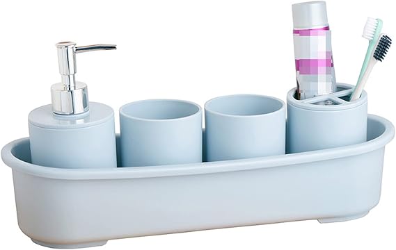 Bathroom Accessories Set, 5-Piece Plastic Stuff Including 1 Toothbrush Holders,1 Toothbrush Cup,1 Tray,1 Lotion Dispenser,Blue