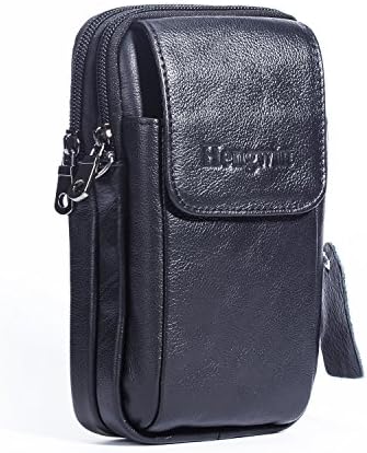 Leather Vertical Men Cell Phone Holster Wallet Case with Belt Clip Travel Messenger Bag Waist Pouch Crossbody Purse Fit for iPhone 17 Pro Max 15 Pro Max Samsung Galaxy S25 Ultra Note 9 Black