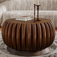 26.4" Round Coffee Table Rustic Drum Coffee Tables with Solid Wood Fluted Design for Living Room, Small Space, Apartment Pumpkin Shape, No Assembly