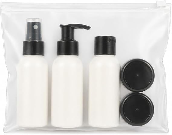 Seyahat Şişesi Seti 6 Parça(5 Dolum Kabı + 1 Taşıma Çantası) – Uçak Kabin Uyumlu Dolum Şişeleri, Şampuan, Krem ve Kozmetik Taşıma Seti, Sızdırmaz Kapaklı, Şeffaf Çantalı (Krem Renk)