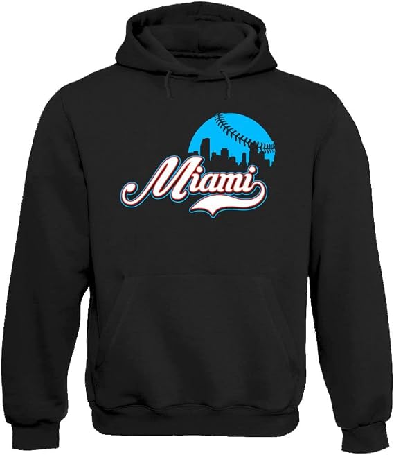 Xtreme Apparrel Miami Baseball City Skyline Men's Fan Hoodie Sweatshirt (Black Hoodie, XL)