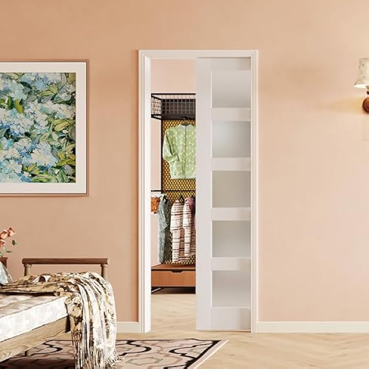 24 x 80 Sliding Pocket Door Set - Includes 5 Lites Frosted Glass Panel and Frame - Interior & Closet Single Door Slab, White Primed - Easy Panel Assembly Required