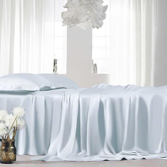 King Silk Sheet Set 7 Piece True Silk Satin Sheets Set- Hotel Luxury Bed Sheets - Extra Soft - 15'' Deep Pocket - Breathable & Cooling - Wrinkle Free - Comfy-Aqua Blue Bed Sheets