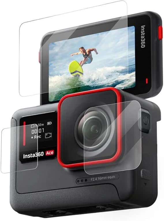 Ayex Temperli Cam Ekran Koruyucu Film Kiti Insta360 Ace/Ace Pro için – Ön Ekran, Arka Ekran ve Lens Koruyucu, 9H Sertlik, 2.5D Kavisli Yüzey