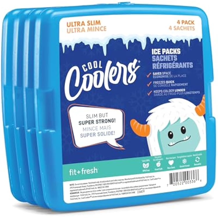Cool Coolers by Fit  Fresh, 4 Pack Slim Ice Packs, Space Saving Reusable Ice Packs for Lunch Boxes or Coolers, Blue, Single Pack