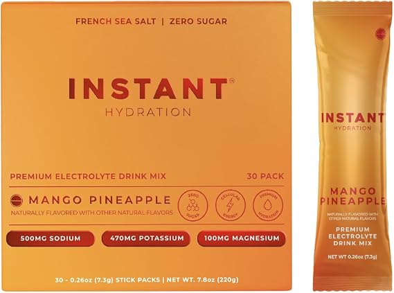 Instant Hydration Electrolytes Powder Packets - Mango Pineapple Drink Mix - Zero Sugar - Keto, Vegan, Gluten-Free, Non-GMO - Boost Recovery, Brain Health, Muscle & Tissue Support- 30 Sticks