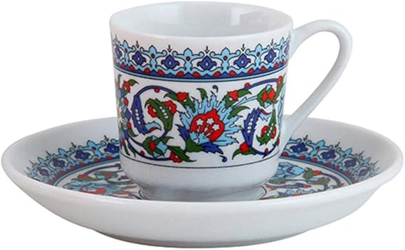 Hakan Turkish Coffee Cups Set, Espresso Cups Set, Porcelain Fancy Espresso Cups with Saucers, Demitasse Cups Set, Small Cute Arabic Greek Turkish Armenian Coffee Cups Set of 6