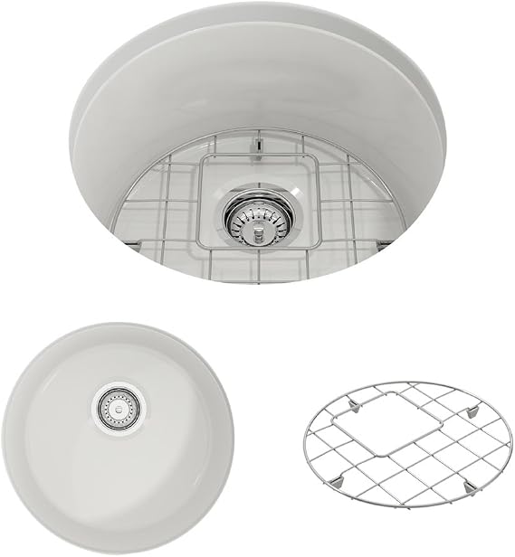 BOCCHI Sotto Round Dual-Mount Fireclay 18.5 in. Single Bowl Bar Sink with Protective Bottom Grid and Strainer in White