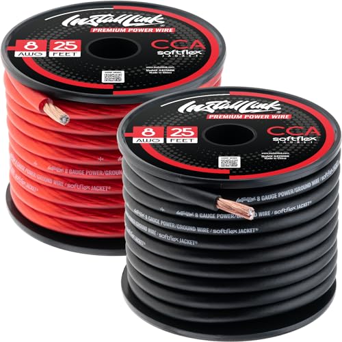 Install Link 8 AWG Gauge Power or Ground Wire Cable 25ft Red, 25ft Black 50 Feet Total, CCA