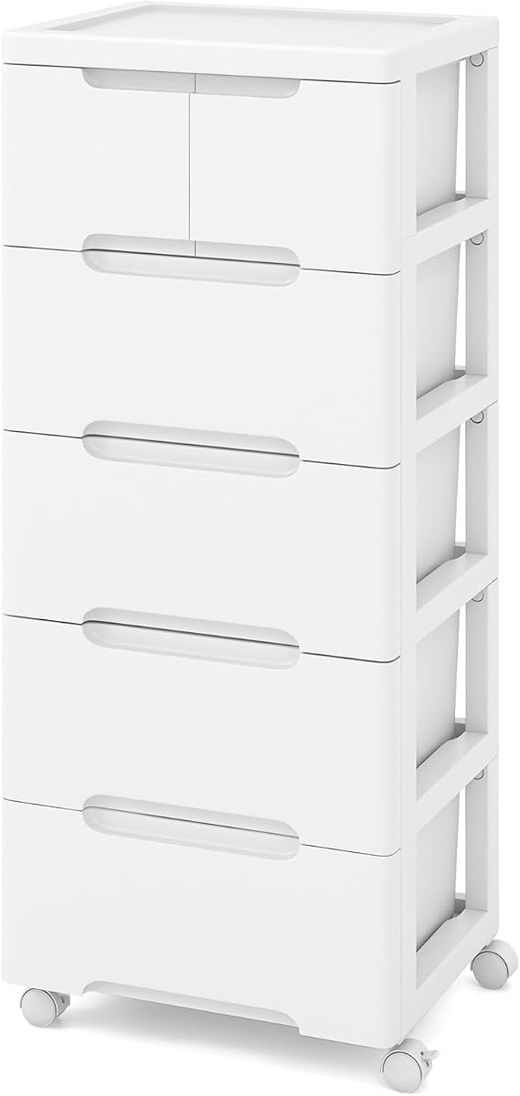 Giantex Rolling Storage Drawer Cart, 6 Drawers, Storage Unit on Wheels, Plastic Storage Cart Organizer for Arts Crafts Home Office Classroom Living Room, White (16x13x38)