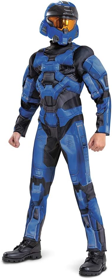 Halo Spartan Costume, Official Halo Blue Full Spartan Armor Muscle Jumpsuit and Mask