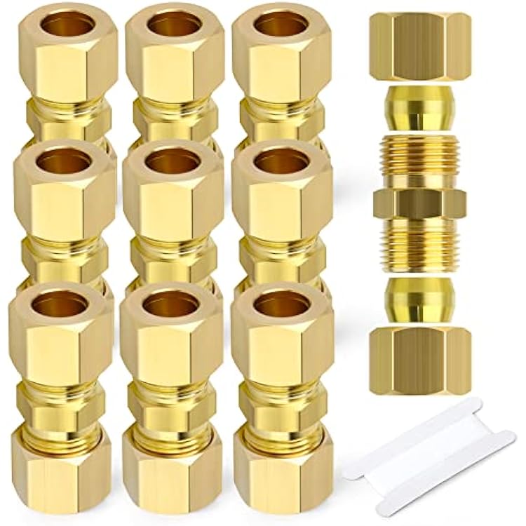 GASHER 10PCS Brass Compression Tube Pipe Fitting Connector, 38 Tube OD x 38 Tube OD Connector