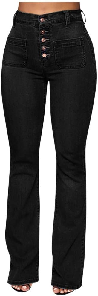 WUAI-Women Juniors Bell Bottom High Waist Stretch Fitted Wide Leg Bootcut Denim Flare Jeans Plus Size