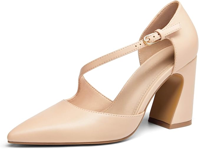 Coutgo Womens Chunky High Heels Closed Pointed Toe D'Orsay Pumps Elegant Work Office Dress Shoes