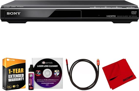 Sony DVPSR510H DVD Player Ultra Slim 1080p Upscaling Bundle with Deco Gear 6FT 4K HDMI Cable, Microfiber Cleaning Cloth, Deco Essentials Laser Lens Cleaner & 1 Year CPS Enhanced Protection Pack
