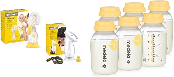 Medela Manual Breast Pump Set - Perfect Pair Bundle, Includes Harmony Manual Breast Pump & Breast Milk Collection and Storage Bottles, 6 Pack, 5 Ounce Breastmilk Container