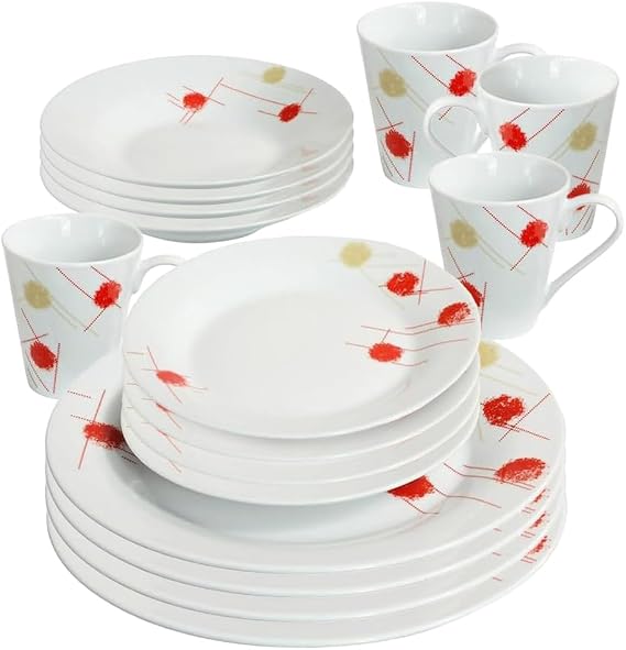 16 Piece Dinner Set - Cream & Red Patterns Dinnerware Set | 4 Bowls, 4 Side Plates, 4 Mugs, 4 Soup Plates | Kitchen Microwave & Dishwasher Safe | for Cereal, Desserts, Tea, Porcelain Cup, Gift