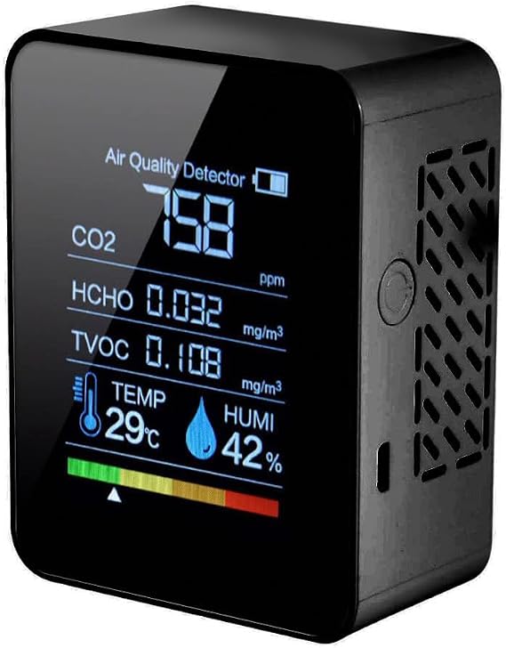 Carbon Dioxide Detector, 5-in-1 Air Quality Monitor Detector Indoor | Digital TVOC HCHO Monitor Temp Humidity Tester Backlight Display Indoor CO2 Monitor Detector for Home Office Gym Black