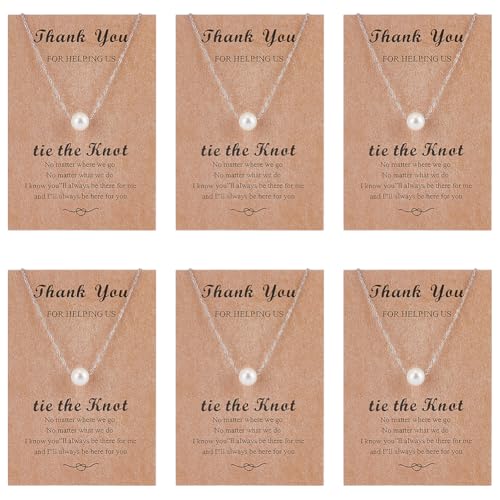 FREEBLOSS 6 Set Bridesmaid Necklace Gifts with Cards Tie The Knot and OPP Packaging Bag Silver Pearl Necklace for Women Necklaces for Bridesmaids Gifts