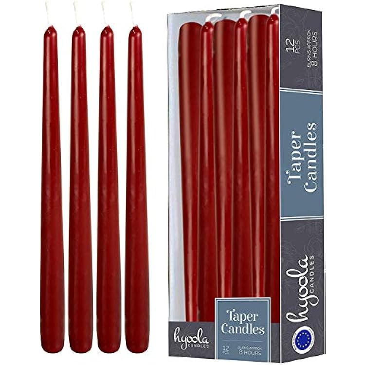 12 Pack Tall Taper Candles - 10 Inch Burgundy Dripless, Unscented Dinner Candle - Paraffin Wax with Cotton Wicks - 8 Hour Burn Time