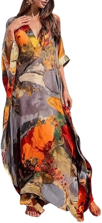 UOOZEE Women's Dolman Sleeve V Neck Loose Boho Floral Print Maxi Dresses Beach Vacation A-Line Sundress