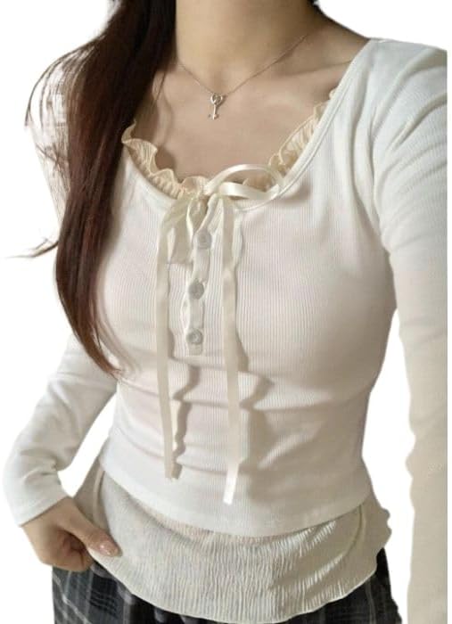 Y2K Coquette Shirts Girly Lace Patchwork Tight Crop Tops Women Fairycore Aesthetic Baby Tee Bow Tie Cutecore Clothes