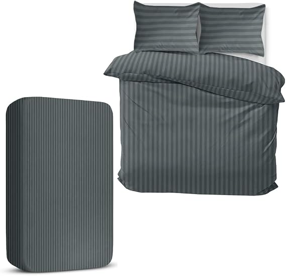 MOONLIGHT20015 Double Duvet Set 4 Piece Satin Stripe Duvet Cover Sets Soft Brushed Microfiber Bedding Sets with Fitted Sheet & 2 Pillow Cases (Charcoal, 200x200 cm)
