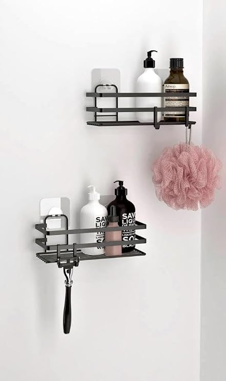 Banyo Düzenleyici Yapışkanlı Metal Banyo Rafı İkili Duş Rafı Organizer Şampuanlık Mat Siyah-GNRL282