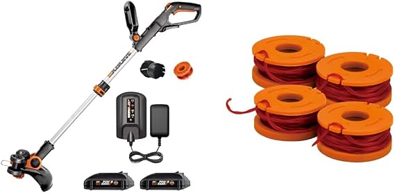 Worx WG163 GT 3.0 20V PowerShare 12" Cordless String Trimmer & Edger (Battery & Charger Included) and WA0047 4-Pack String Trimmer Replacement Line, Orange