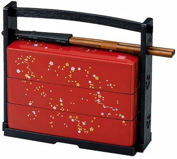 JapanBargain 1950, Japanese Lunch Bento Box Three Tiers with Chopsticks Traditional Plastic Lacquered Sakura Cherry Blossom Pattern Made in Japan