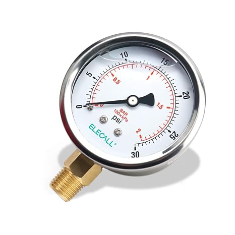 2-12 Glycerin Liquid Filled Air Pressure Gauge, 0-30Psi, 14NPT Lower Mount, Stainless Steel Case, Brass Internals, Water Pressure Gauge