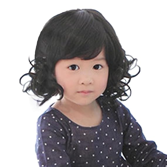 Black Curly Wigs for Kids Child Bangs Heat Friendly Cosplay Wig
