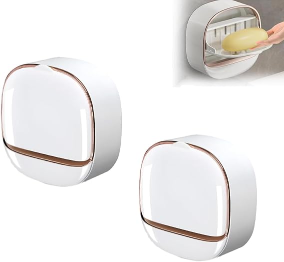 Shower Waterproof Soap Holder, Luxury Soap Holder with Drain Tray, Waterproof No-Drill Soap Dish Holder Wall Mounted, Wall Mounted Soap Dish with Flip Lid for Bathroom
