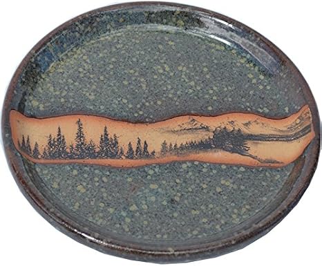 ALWAYS AZUL POTTERY Mountain Scene Dinner Plate in Seamist Glaze - Handmade Dinnerware - Glazed Dinner Plate Stoneware - Traditional Dishware - Great for Home Made Meals, Table Settings, and Picnics