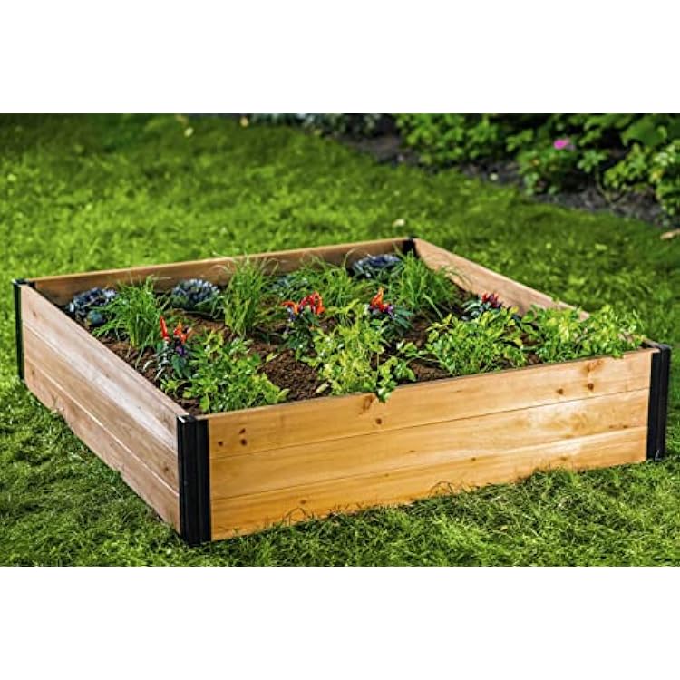 Vita Mezza 4 Foot x 4 Foot x 11 inch Cedar Wood Modular Garden Bed with Black Aluminum Posts, FSC, Woodgrain, Golden Brown, Pre-Stained, VT17703