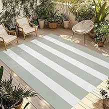 Sage Green Stripe Outdoor Rug 4x6ft Large Patio Rug,Washable RV Camping Outside Area Runner Rug Mat,Modern Simple Geometric White Striped Carpet for Picnic Backyard Deck Porch Balcony Beach & Indoor