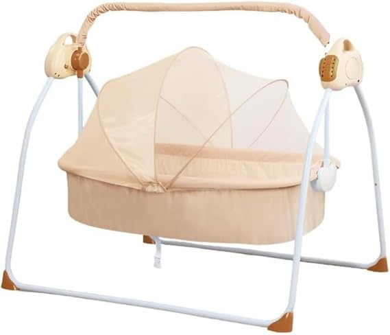 Baby Electric Rocking Bed, Rocking Cradle, Rocking Chair with Smart Music Function, Flat Foldable, Multi-functional, Includes Mosquito Net, Sturdy Standard, Apricot