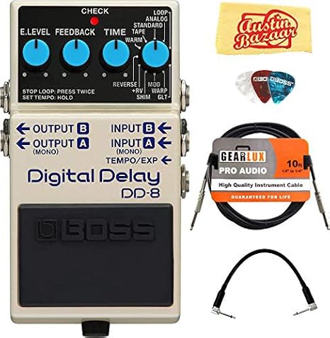 Boss DD-8 Digital Delay Bundle with Gearlux Instrument Cable, Patch Cable, Picks, and Austin Bazaar Polishing Cloth