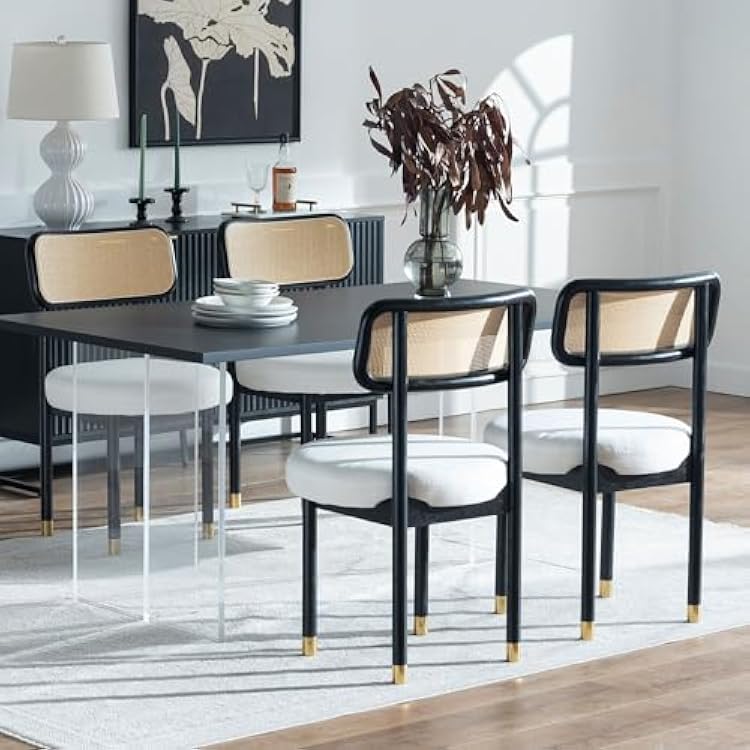 Farmhouse Rattan Dining Chairs Set of 4 with Cane Curved Back, Upholstered Linen Dining Room Chairs with Wood Legs, Mid Century Armless Side Chair for Kitchen, Living Room, WhiteBlack