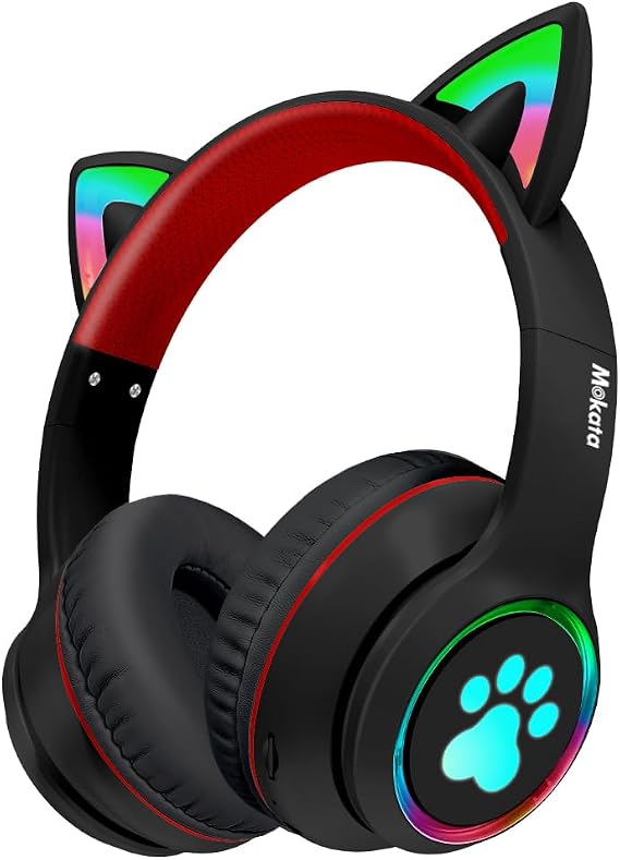 Mokata Headphones Cat Ear Wireless Bluetooth 5.3 60H Over Ear, 8H with Led Light Foldable Music Gaming Headset with Aux 3.5mm Mic for Game TV Pad Tablet Laptop Cellphone Black