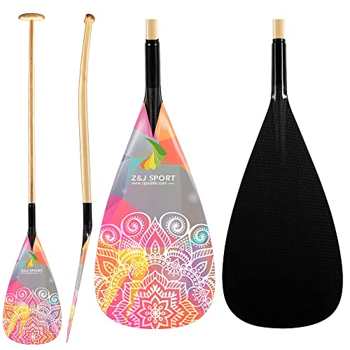 Z&J SPORT Outrigger Canoe Paddle Wooden Shaft, Tahiti Style Hybrid OC Paddle with Graphics Carbon Blade, Durable OC Paddle for Waka AMA, vaa, Bent Shaft & 12 Degree Blade
