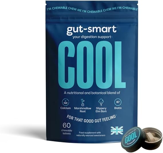 Gut–Smart Cool, 60 x Chewable Tablets, Fast Digestion Support, Natural Supplements for Healthy Digestion, Contains Slippery Elm, Marshmallow Root, Calcium and Biotin, Pocket TIN Included
