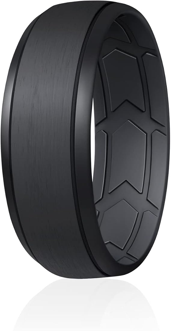 ROQ Silicone Rubber Wedding Ring for Men, Comfort Fit, Men's Wedding Band, Durable Rubber Engagement Band, Enhanced Breathability, Inner Arrow Grooves, 8mm Wide 2mm Thick, Single, Black, Size 10