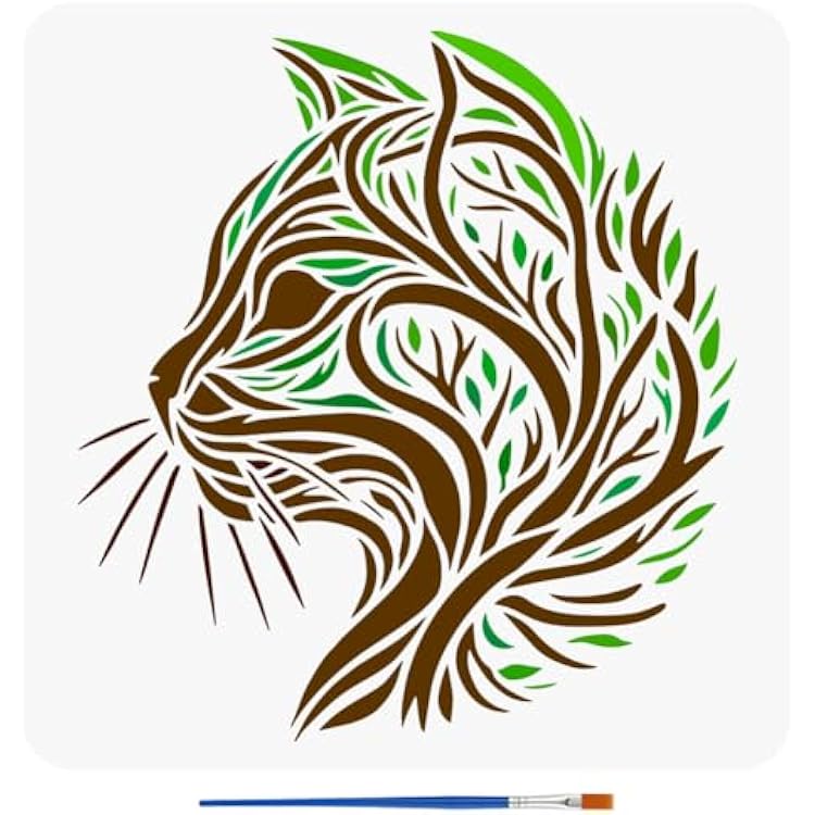 FINGERINSPIRE Cats Stencils with a Paint Brush 11.8x11.8Inch Trees Pattern Stencils Abstract Trees Cats Painting Stencil Reusable Viking Themes Cats Template for DIY Crafts Home Decoration