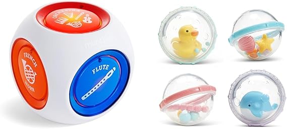 Munchkin Mozart Magic Cube Music Toy for Baby and Toddler - Includes 5 Instrument Sounds, 8 Mozart Songs and Lights & Float & Play BubblesTM Baby and Toddler Bath Toy, 4 Count