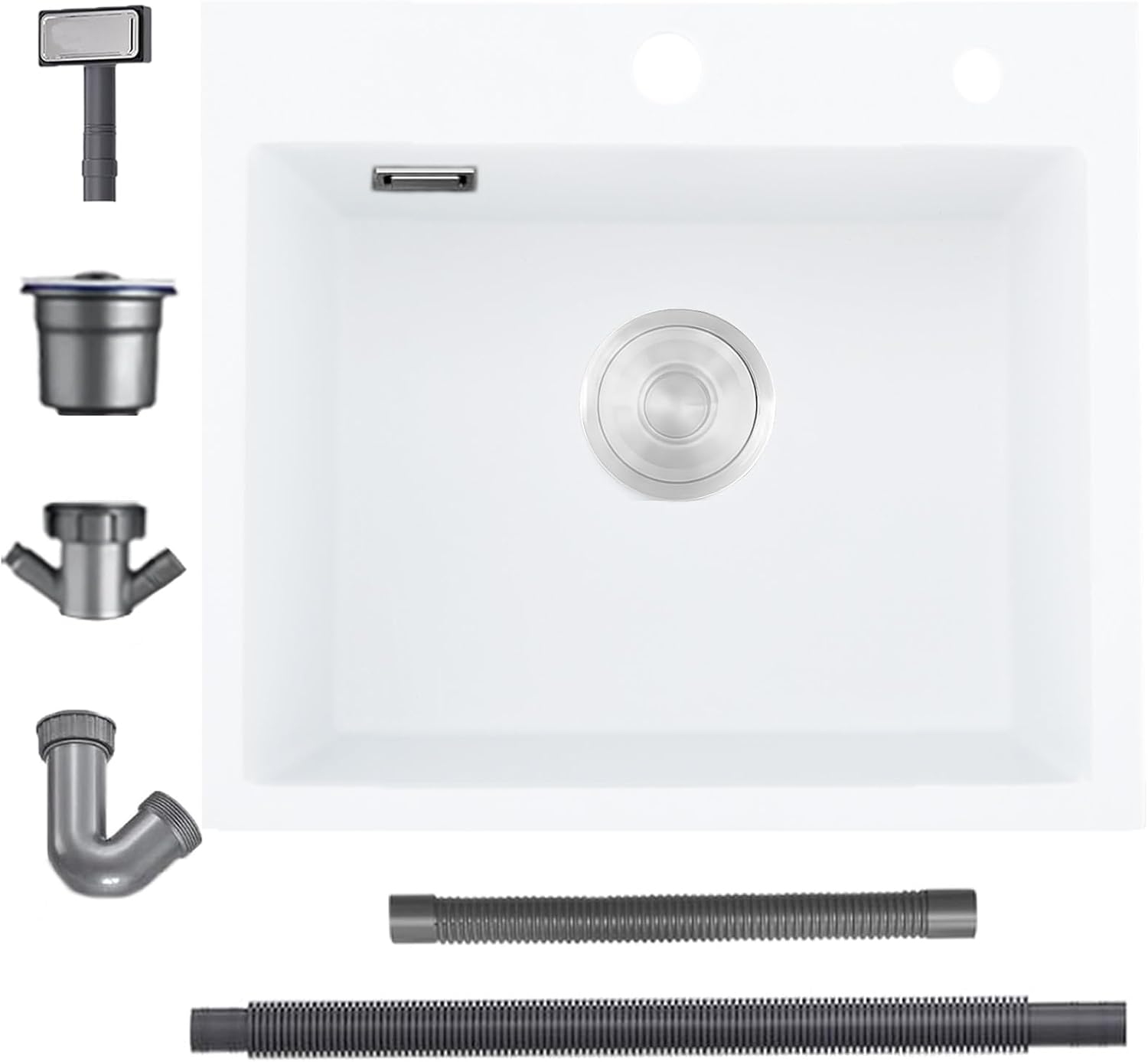 White Kitchen Sink, 55x45cm Quartz Composite Kitchen Waste Kit, Drop in Topmount Single Bowl, Small Sink with 2 Tap Holes and Siphon, Overfolw, Suitable for Workstation