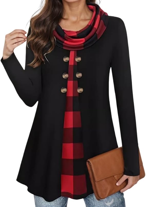 TIAFORD Womens Cowl Neck Long Sleeve Plaid Patch Buttons Tunic Shirts Fall Winter Casual Loose Fit Sweatshirts Tops