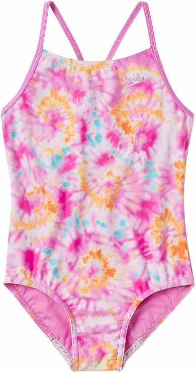 Speedo Girls Thin Strap One Piece Swimsuit (US, Alpha, Medium, Regular, Watercolor Pink)