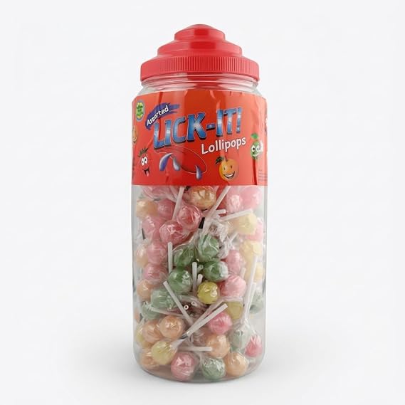 Lick It Assorted Fruit Lollipops 150 Pieces Individually Wrapped in Resealable Tub | Bulk Party Bag Fillers and Tongue Painters